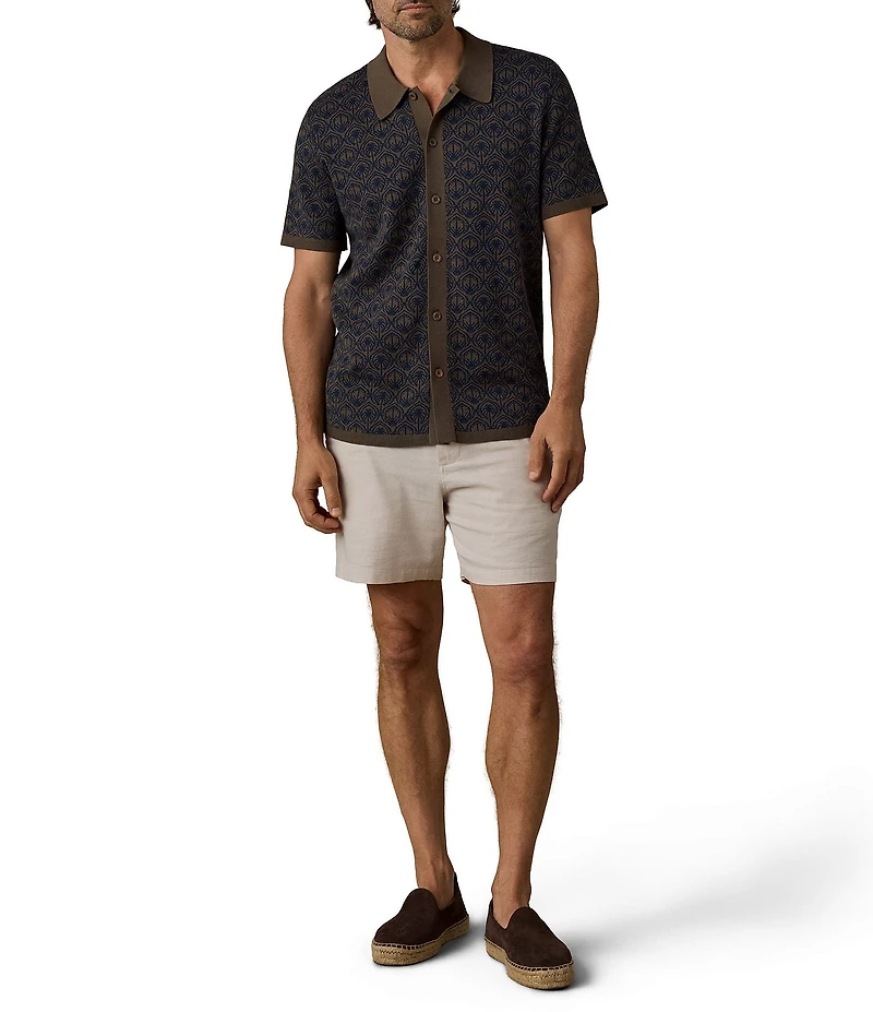 Faherty Organic Linen Cotton Blend Troical Palm Print Short Sleeve Button Front Sweater Shirt