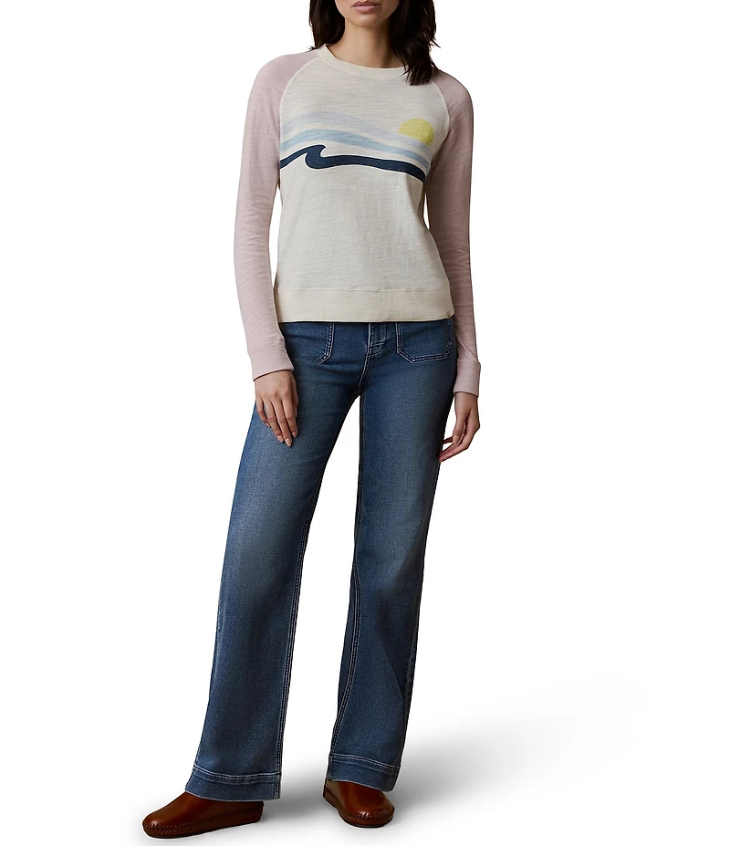Faherty Slub Knit Organic Cotton Sunrise Print Crew Neck Long Sleeve Top