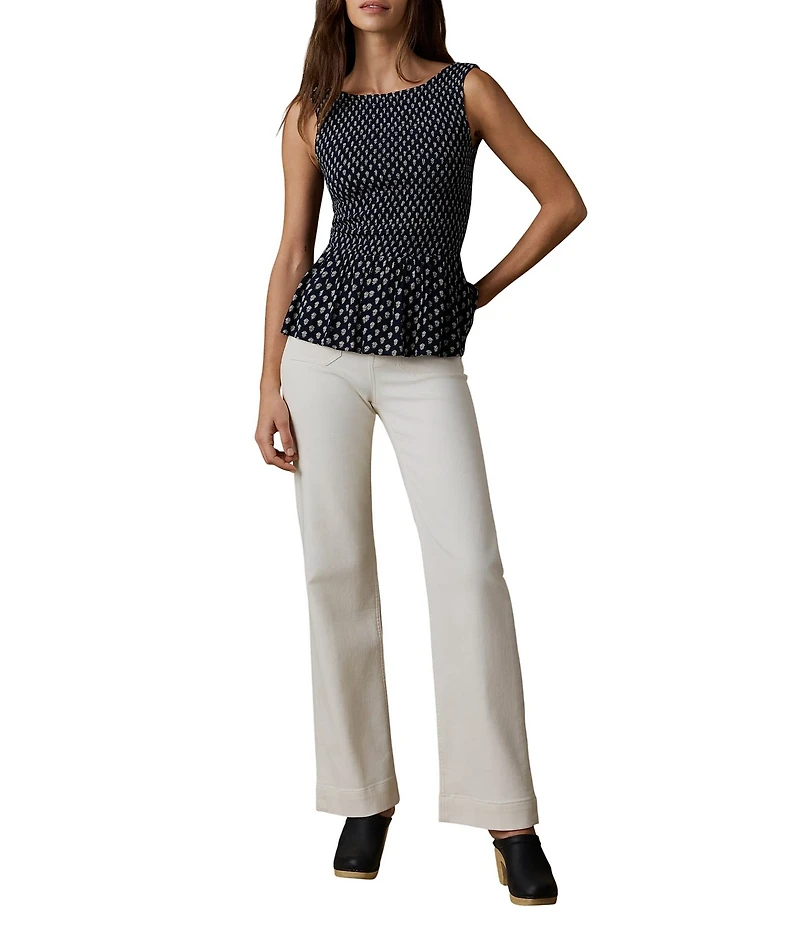 Faherty Sophia Woven Boat Neck Sleeveless Smocked Babydoll Top