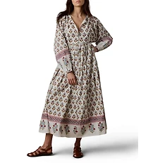 Faherty Suki Organic Cotton Floral Print Woven V-Neck Long Sleeve Blouson Maxi Dress