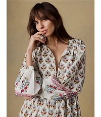 Faherty Suki Organic Cotton Floral Print Woven V-Neck Long Sleeve Blouson Maxi Dress