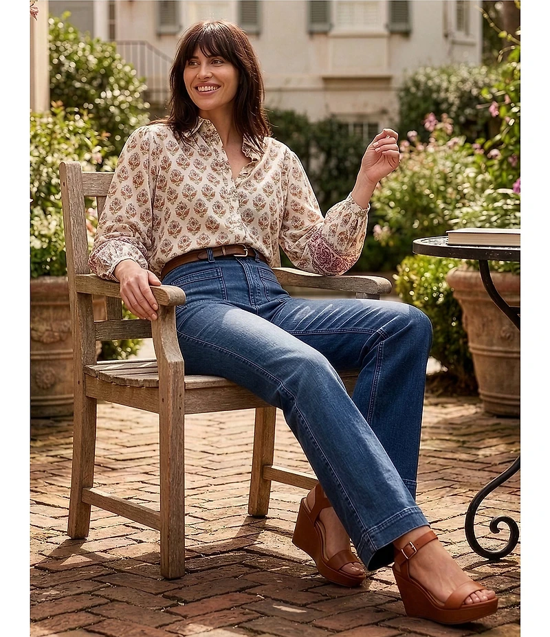 Faherty Suki Organic Cotton Woven Collard Long Sleeve Blouse