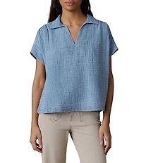 Faherty Zoe Collared V-Neck Short Sleeve Top
