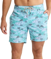 Fair Harbor Bayberry Palm Tree/Beach Printed 7#double; Inseam Swim Trunks