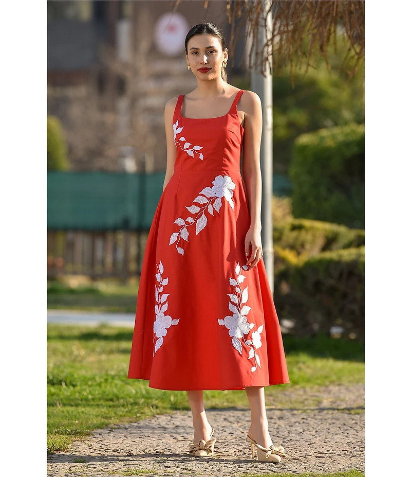Fanm Mon Elmas Embroidered Square Neck A-Line Midi Dress