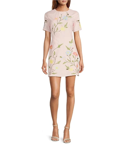 Fanm Mon Joe Floral Embroidered Crew Neck Short Sleeve Mini Dress