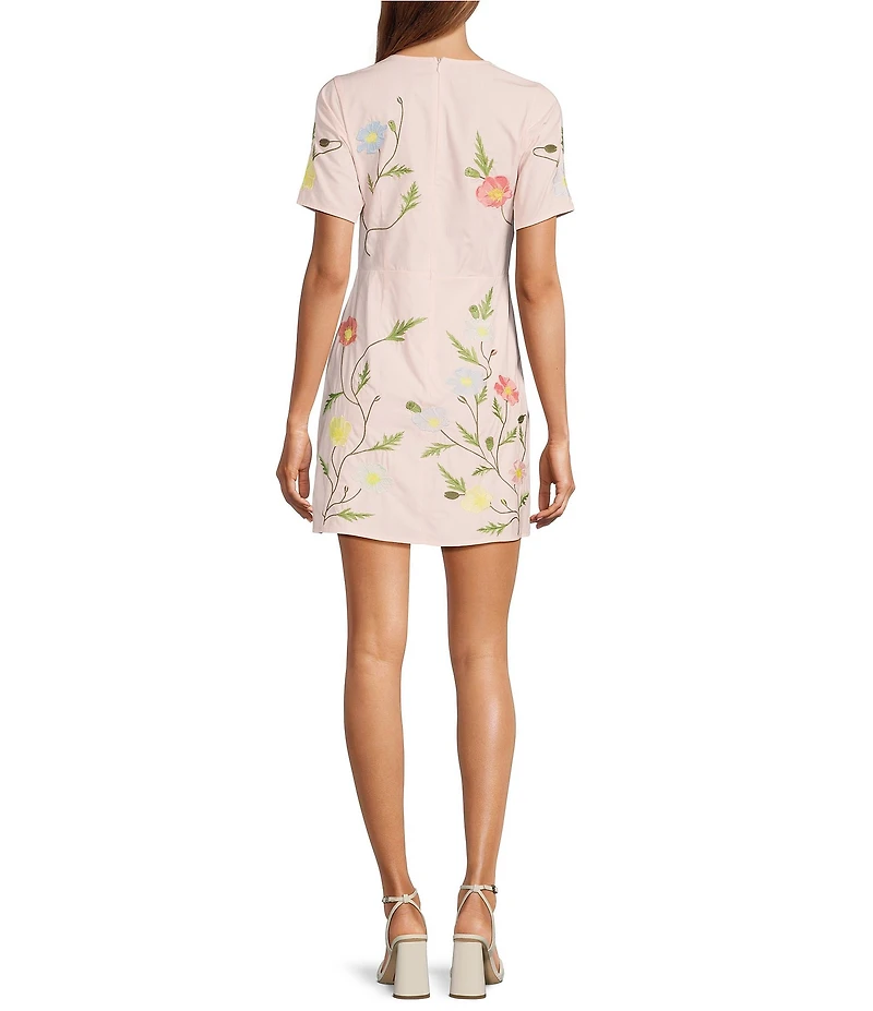 Fanm Mon Joe Floral Embroidered Crew Neck Short Sleeve Mini Dress