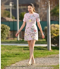 Fanm Mon Joe Floral Embroidered Crew Neck Short Sleeve Mini Dress