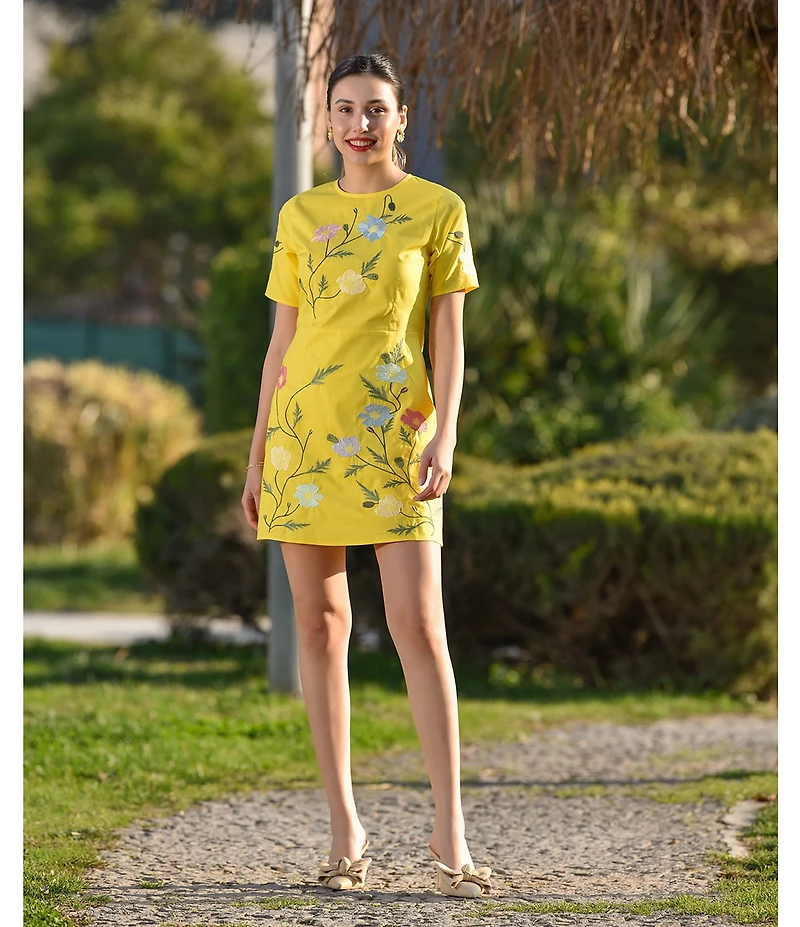 Fanm Mon Joe Floral Embroidered Crew Neck Short Sleeve Mini Dress