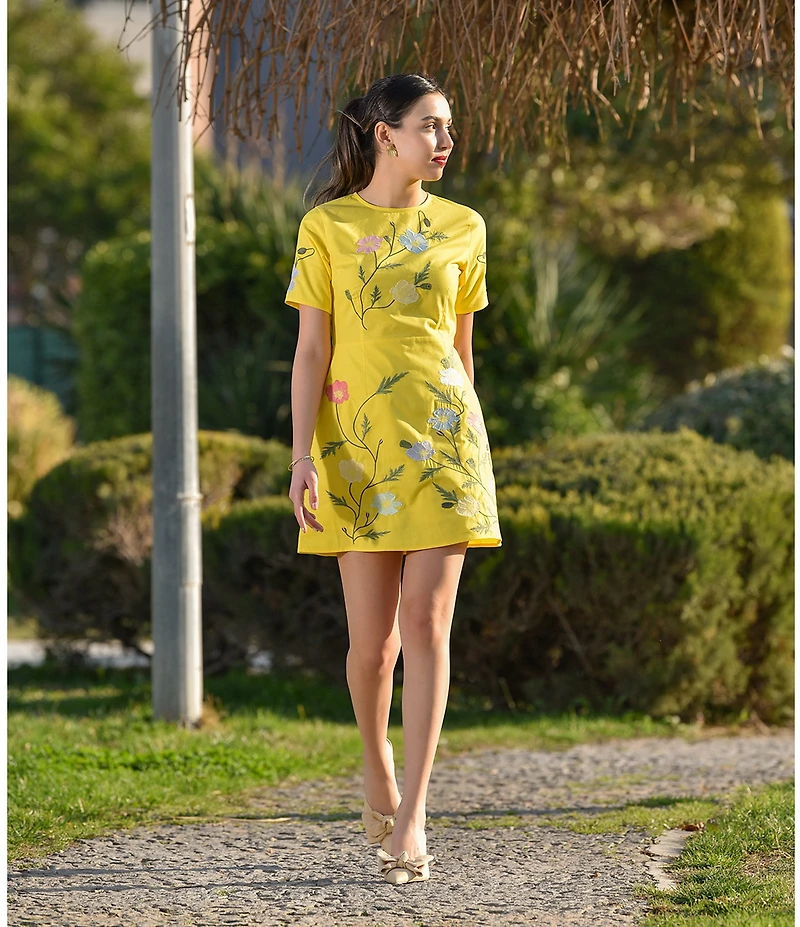 Fanm Mon Joe Floral Embroidered Crew Neck Short Sleeve Mini Dress
