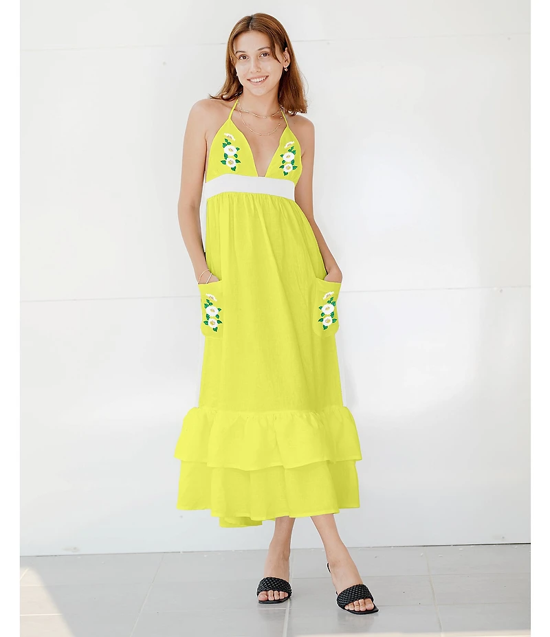 Fanm Mon Yamile Floral Embroidered Halter Tie Neck Midi Dress