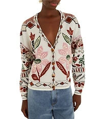 Farm Rio Ainika V-Neckline Long Sleeve Embroidered Cardigan
