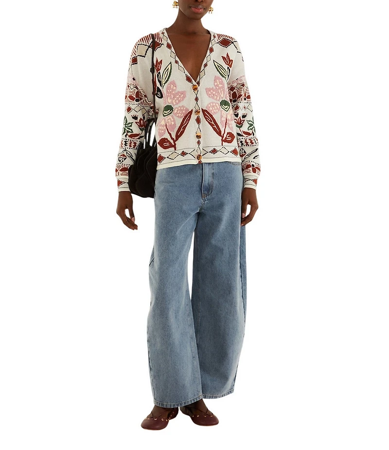 Farm Rio Ainika V-Neckline Long Sleeve Embroidered Cardigan