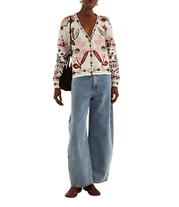 Farm Rio Ainika V-Neckline Long Sleeve Embroidered Cardigan