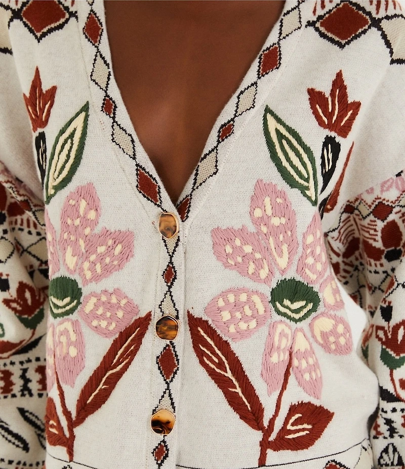 Farm Rio Ainika V-Neckline Long Sleeve Embroidered Cardigan