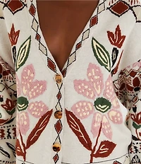 Farm Rio Ainika V-Neckline Long Sleeve Embroidered Cardigan