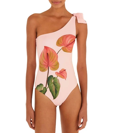 Farm Rio Anturium Light Pink One Shoulder Bow Detail One Piece Swimsuit