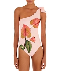 Farm Rio Anturium Light Pink One Shoulder Bow Detail One Piece Swimsuit