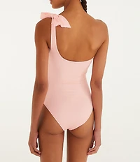 Farm Rio Anturium Light Pink One Shoulder Bow Detail One Piece Swimsuit