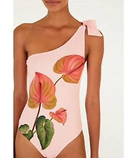 Farm Rio Anturium Light Pink One Shoulder Bow Detail One Piece Swimsuit