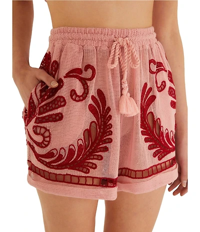 Farm Rio Arabesc Light Pink Embroidered Swim Cover-Up Shorts