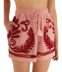 Farm Rio Arabesc Light Pink Embroidered Swim Cover-Up Shorts