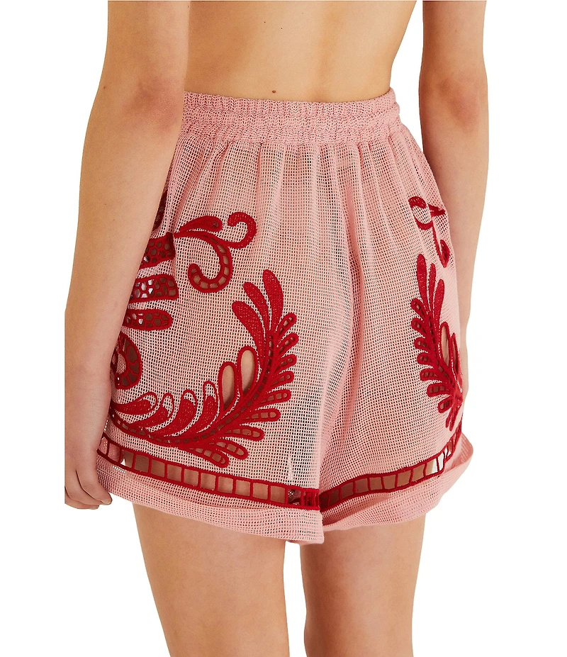 Farm Rio Arabesc Light Pink Embroidered Swim Cover-Up Shorts