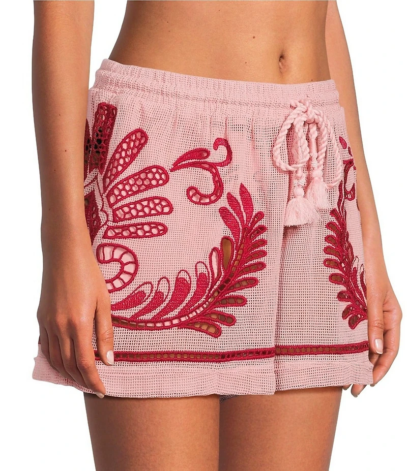 Farm Rio Arabesc Light Pink Embroidered Swim Cover-Up Shorts