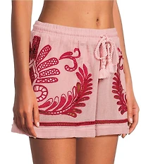Farm Rio Arabesc Light Pink Embroidered Swim Cover-Up Shorts