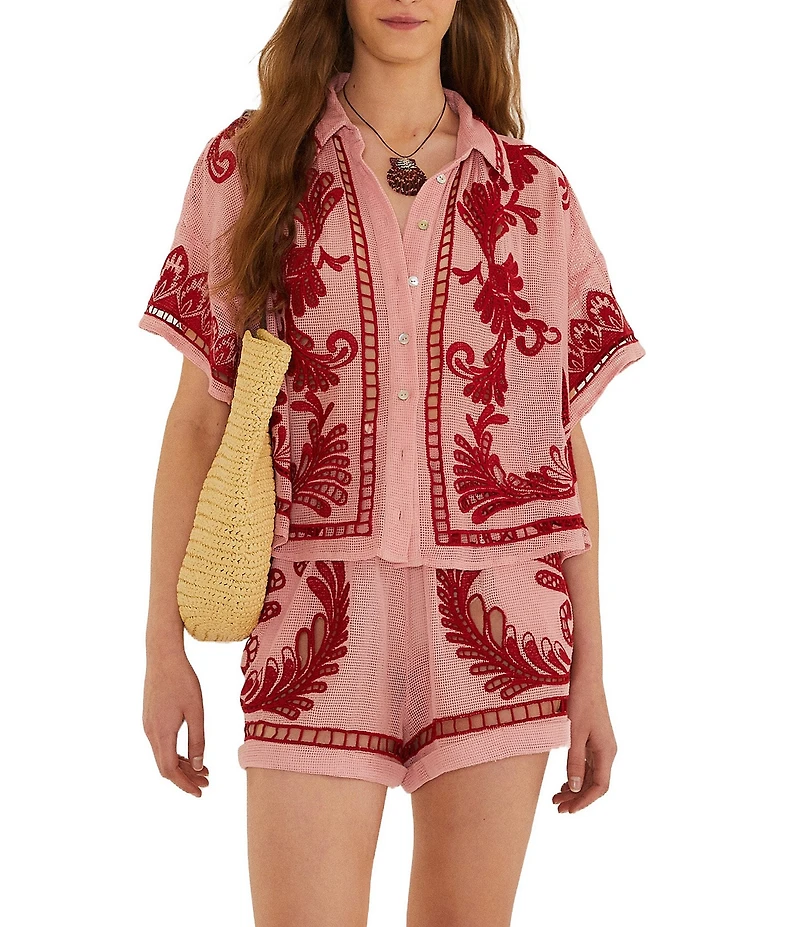 Farm Rio Arabesc Light Pink Embroidered Swim Cover-Up Shorts