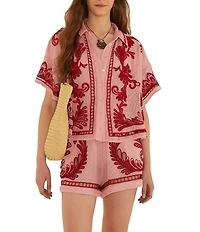 Farm Rio Arabesc Light Pink Embroidered Swim Cover-Up Shorts