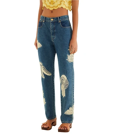 Farm Rio Birds Artisanal High Rise Straight Leg Denim Jeans