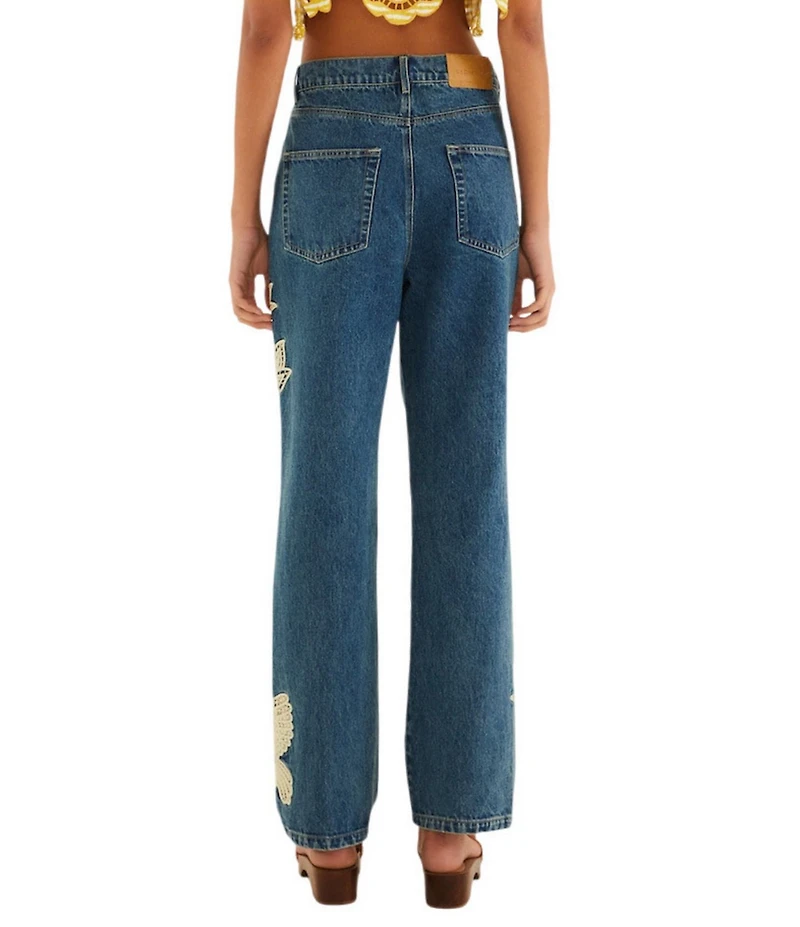 Farm Rio Birds Artisanal High Rise Straight Leg Denim Jeans