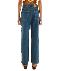Farm Rio Birds Artisanal High Rise Straight Leg Denim Jeans