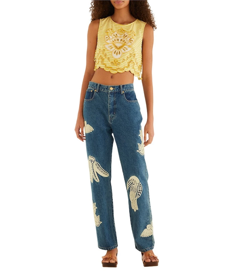 Farm Rio Birds Artisanal High Rise Straight Leg Denim Jeans