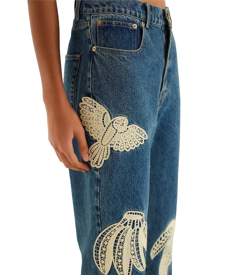 Farm Rio Birds Artisanal High Rise Straight Leg Denim Jeans