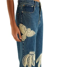 Farm Rio Birds Artisanal High Rise Straight Leg Denim Jeans