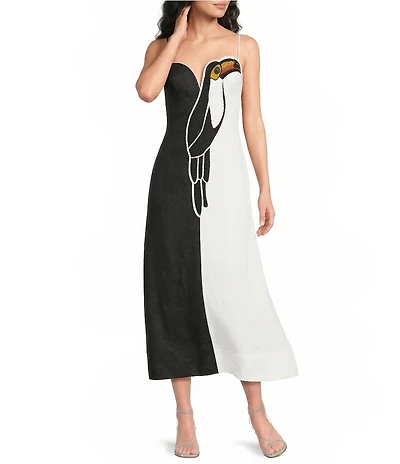 Farm Rio Black And White V-Neck Sleeveless Embroidered Toucan Color Block Maxi Dress