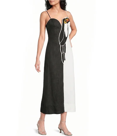 Farm Rio Black And White Sweetheart Neck Sleeveless Embroidered Toucan Color Block Midi Dress