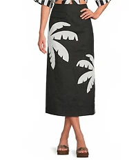 Farm Rio Black Embroidered Palm Tree Linen Maxi Skirt