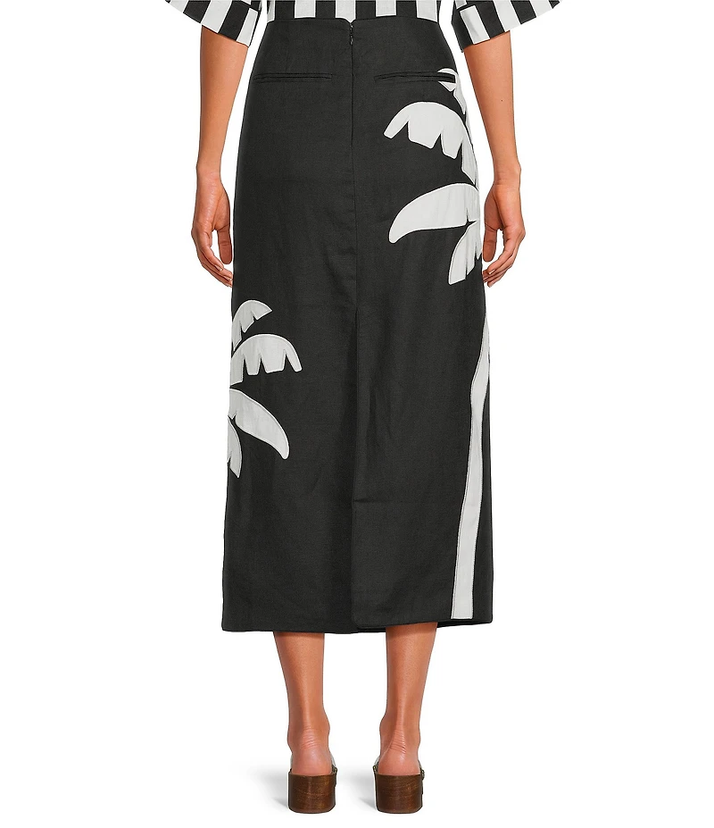 Farm Rio Black Embroidered Palm Tree Linen Maxi Skirt
