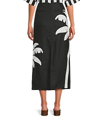 Farm Rio Black Embroidered Palm Tree Linen Maxi Skirt