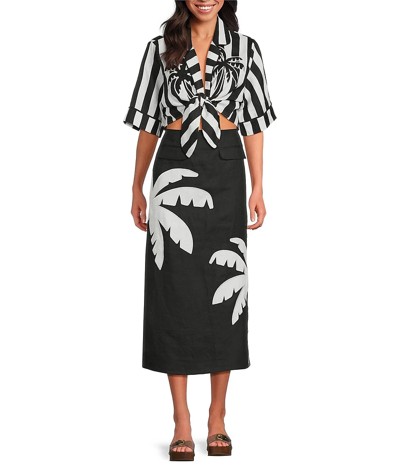 Farm Rio Black Embroidered Palm Tree Linen Maxi Skirt