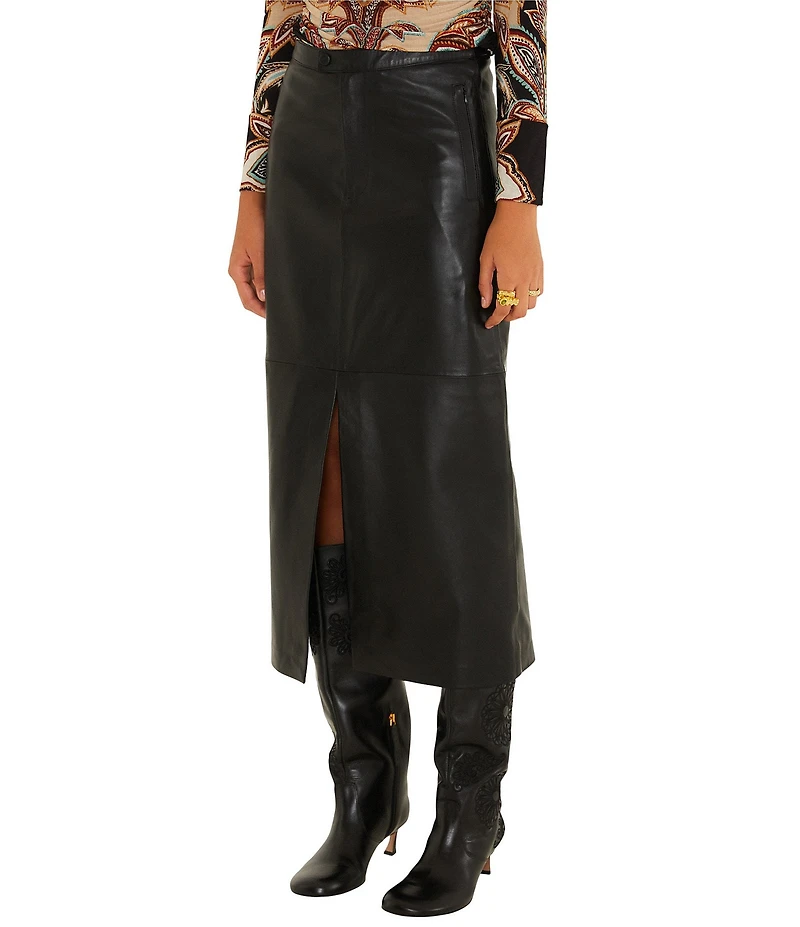 Farm Rio Black Leather Midi Skirt