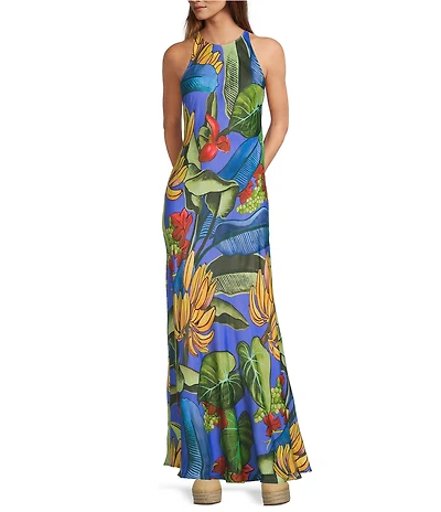 Farm Rio Blue Banana Grapes High Round Neck Sleeveless Maxi Dress