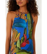 Farm Rio Blue Banana Grapes High Round Neck Sleeveless Maxi Dress