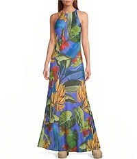 Farm Rio Blue Banana Grapes High Round Neck Sleeveless Maxi Dress