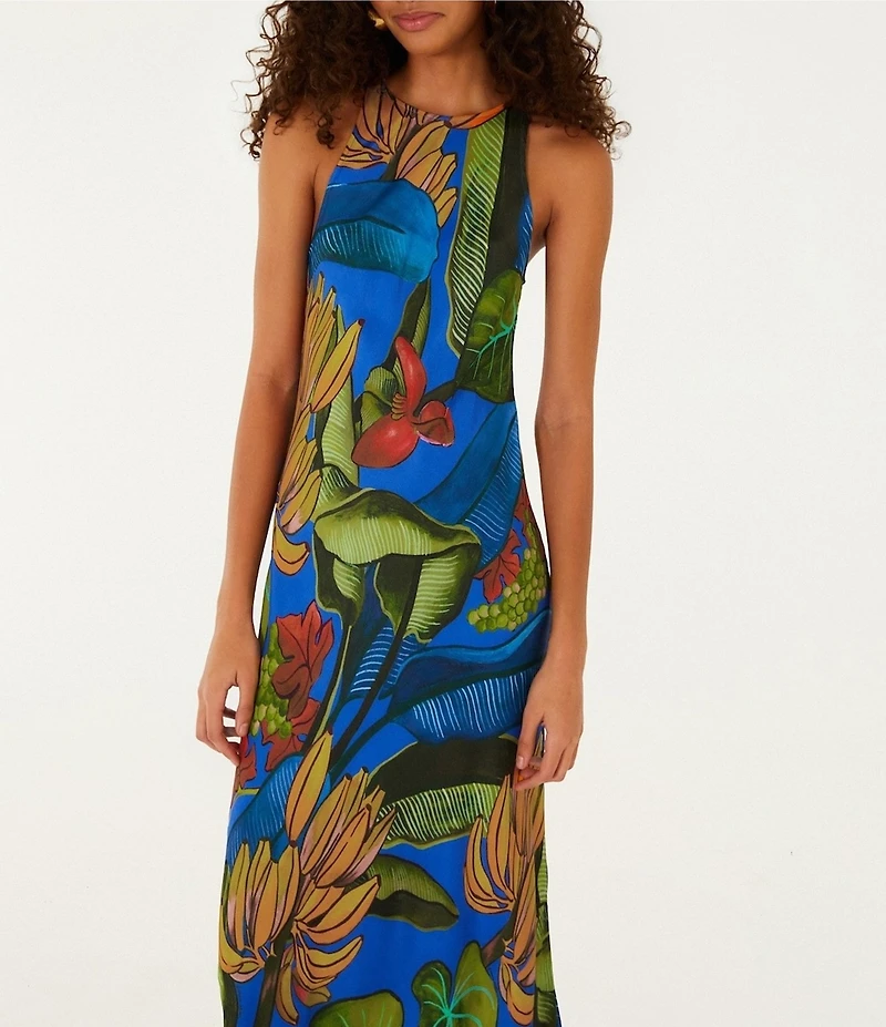 Farm Rio Blue Banana Grapes High Round Neck Sleeveless Maxi Dress