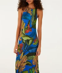 Farm Rio Blue Banana Grapes High Round Neck Sleeveless Maxi Dress