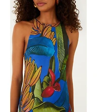 Farm Rio Blue Banana Grapes High Round Neck Sleeveless Maxi Dress